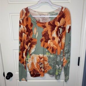 Soft Surroundings Hallerbos Floral Long Sleeve Sweater - Orange and Green, L